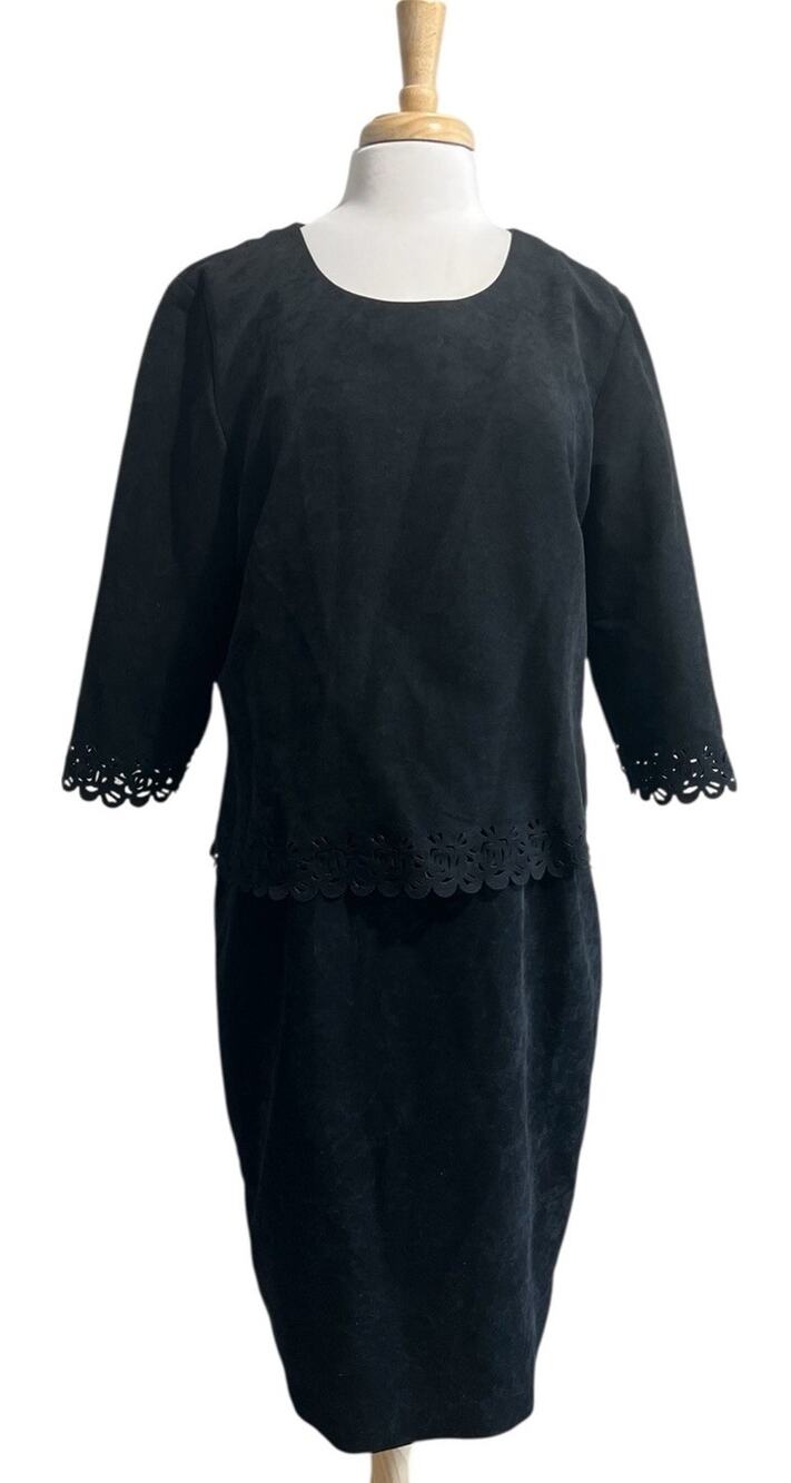 Leslie Fay Midi Dress Size 18 Vtg Y2K Solid Black Heavy Faux Suede Eyelet